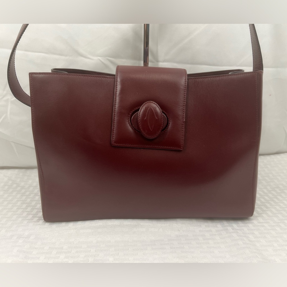 3015: Vintage Must de Cartier Burgundy Leather Shoulder Bag w/ Card